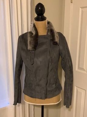 F&F Gray Suede Leather Jacket with Fur Trim Collar